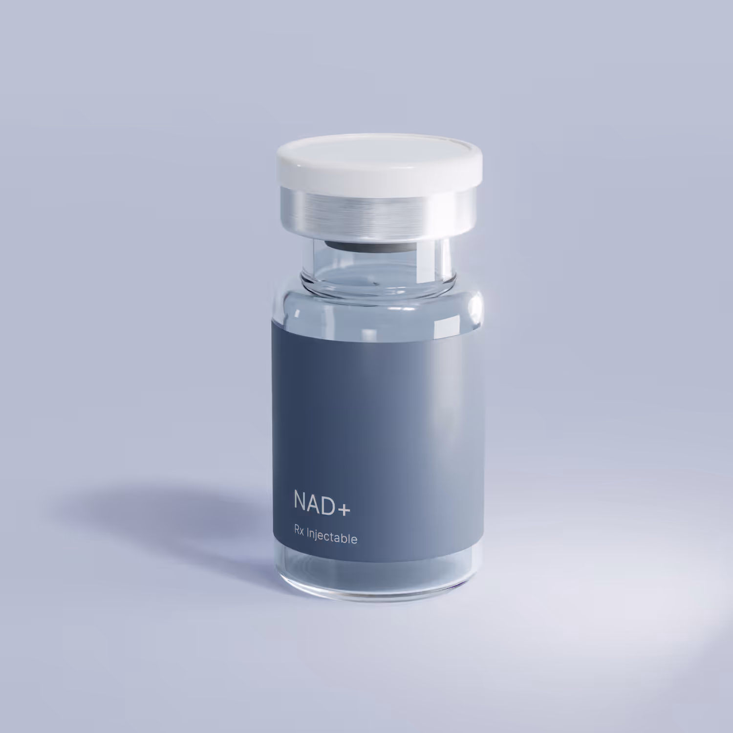 Glass vial labeled 'effecty. NAD+ Rx Injectable' with a white cap on a light blue surface.