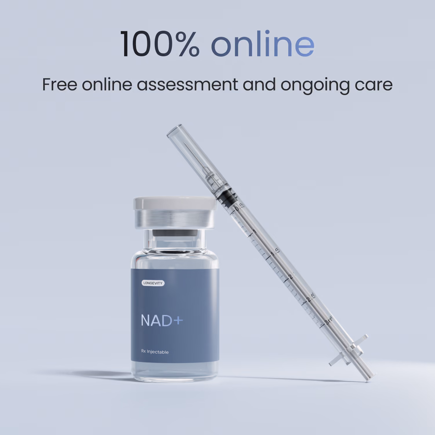 A vial labeled 'effecty. NAD+ Rx Injectable' next to a transparent syringe with a needle cap, on a light blue background with text stating '100% online Free online assessment and ongoing care'.