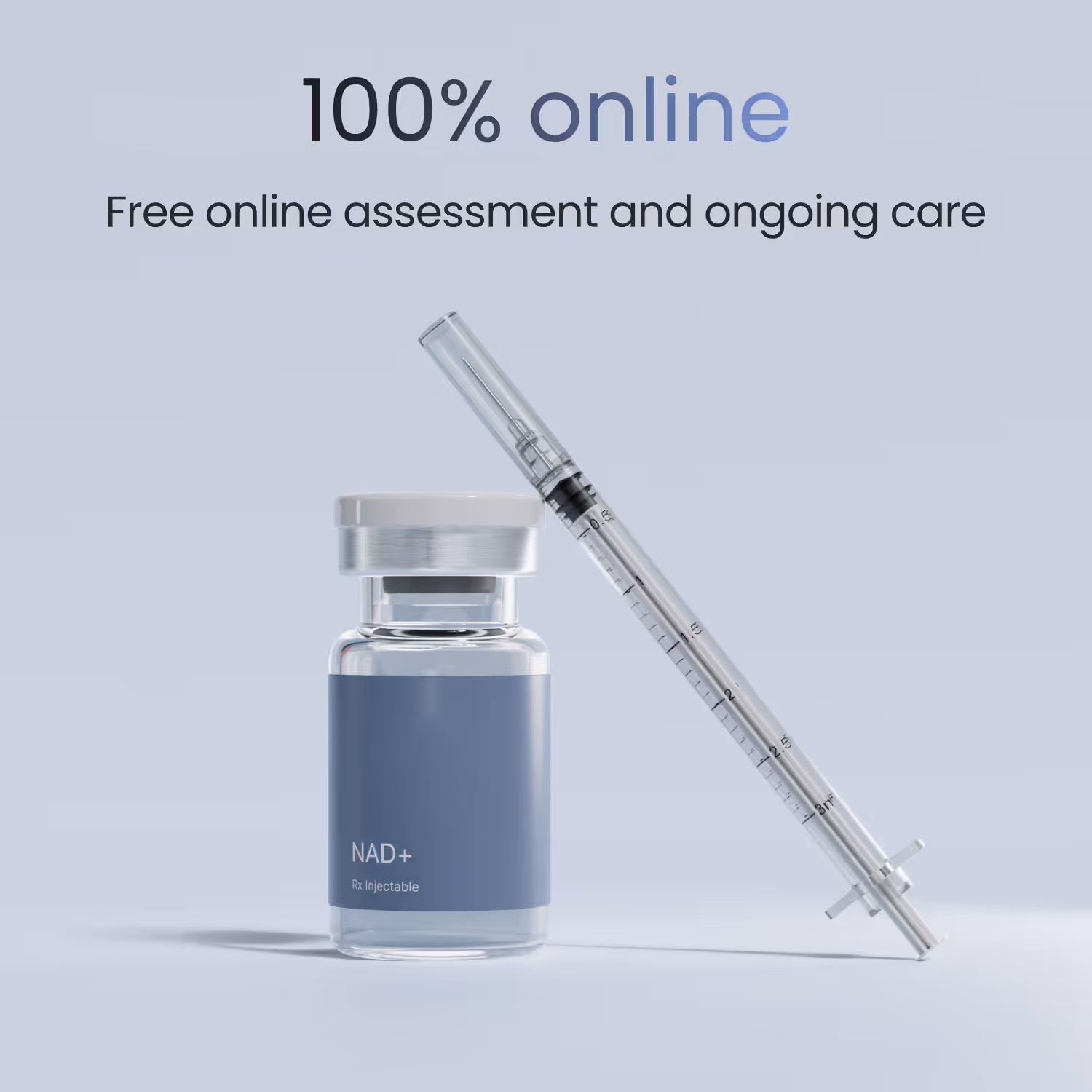 A vial labeled 'effecty. NAD+ Rx Injectable' next to a transparent syringe with a needle cap, on a light blue background with text stating '100% online Free online assessment and ongoing care'.