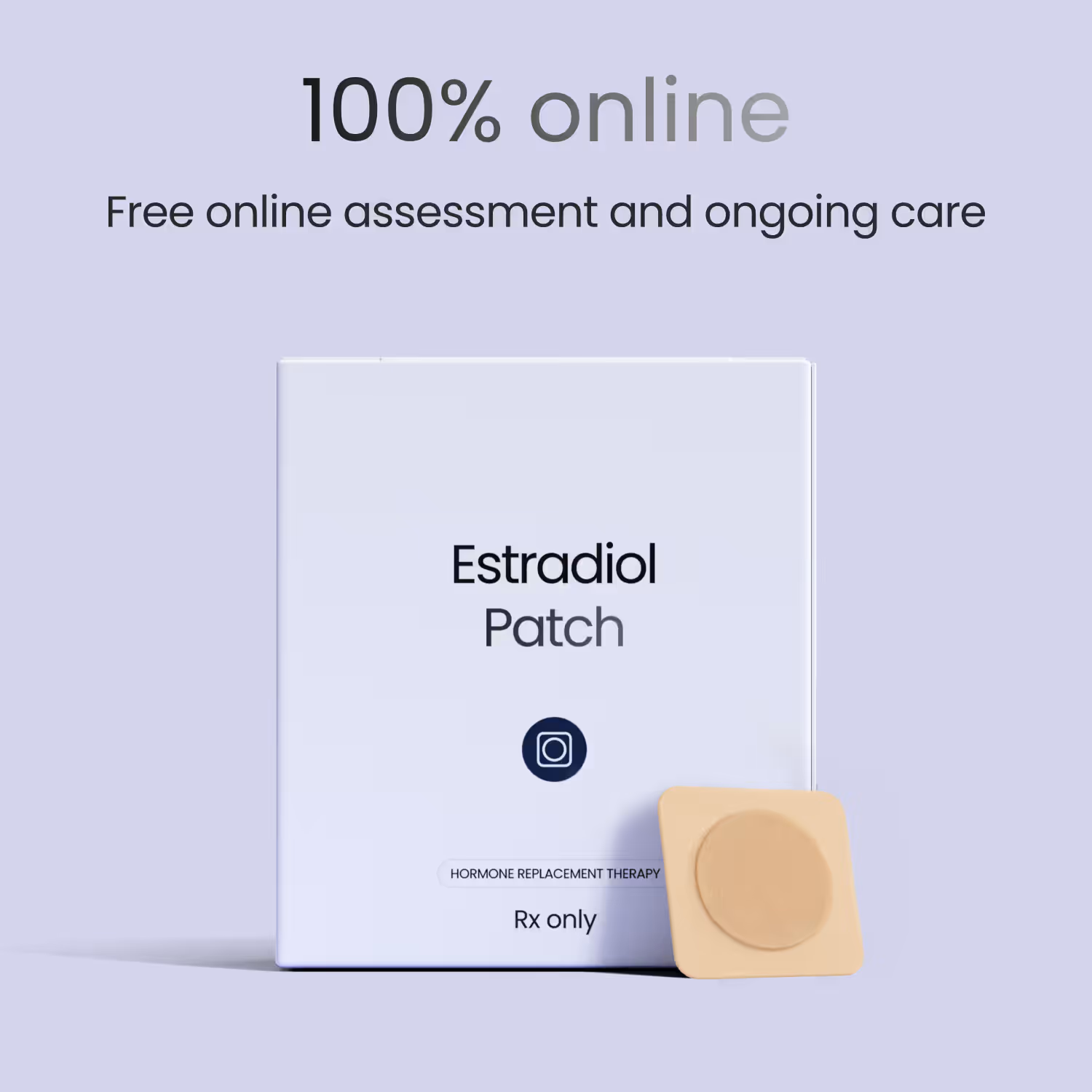 Beige square patch with a circular fabric center embossed with the letters 'ff.' on a light purple background, with text reading '100% online Free online assessment and ongoing care'.