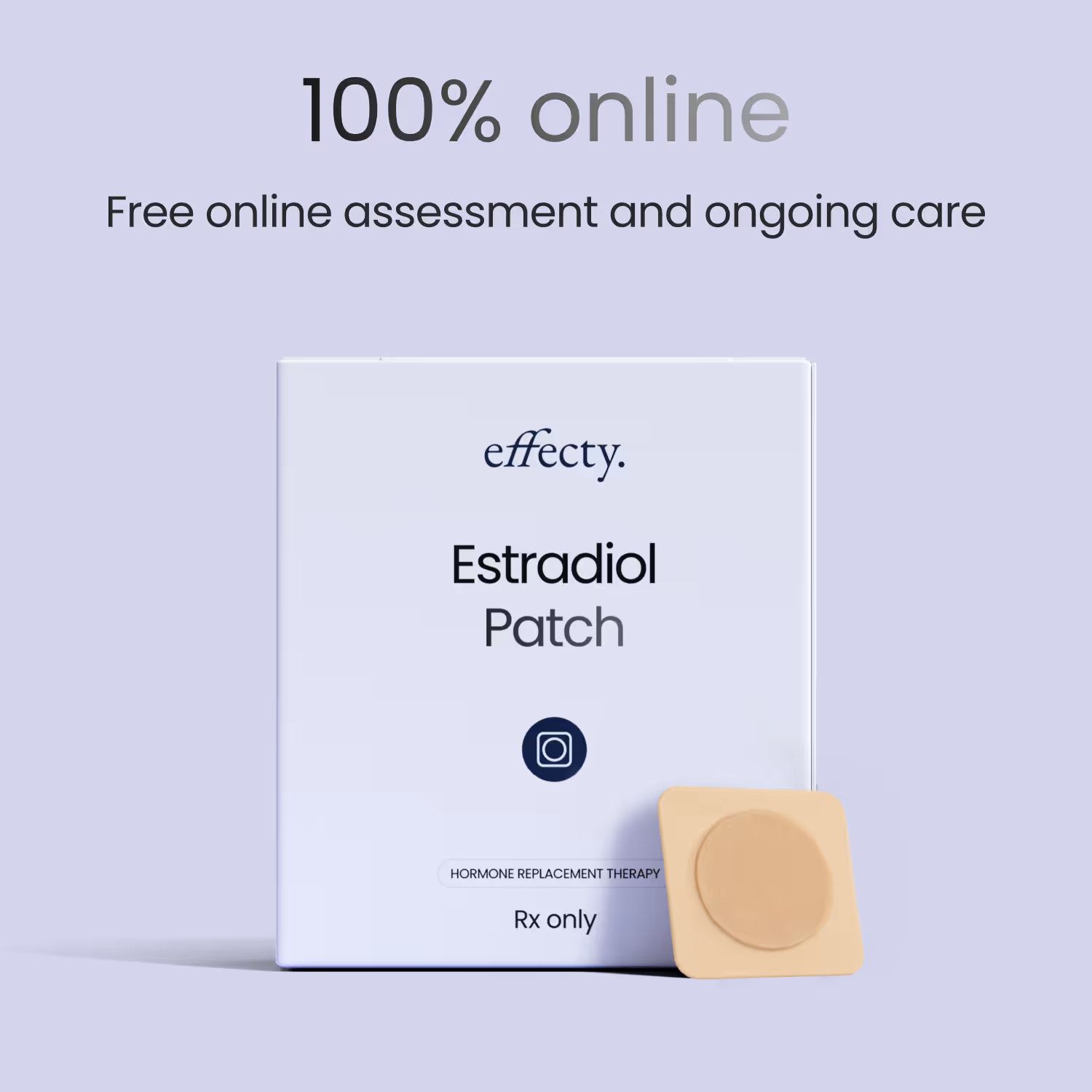 Beige square patch with a circular fabric center embossed with the letters 'ff.' on a light purple background, with text reading '100% online Free online assessment and ongoing care'.