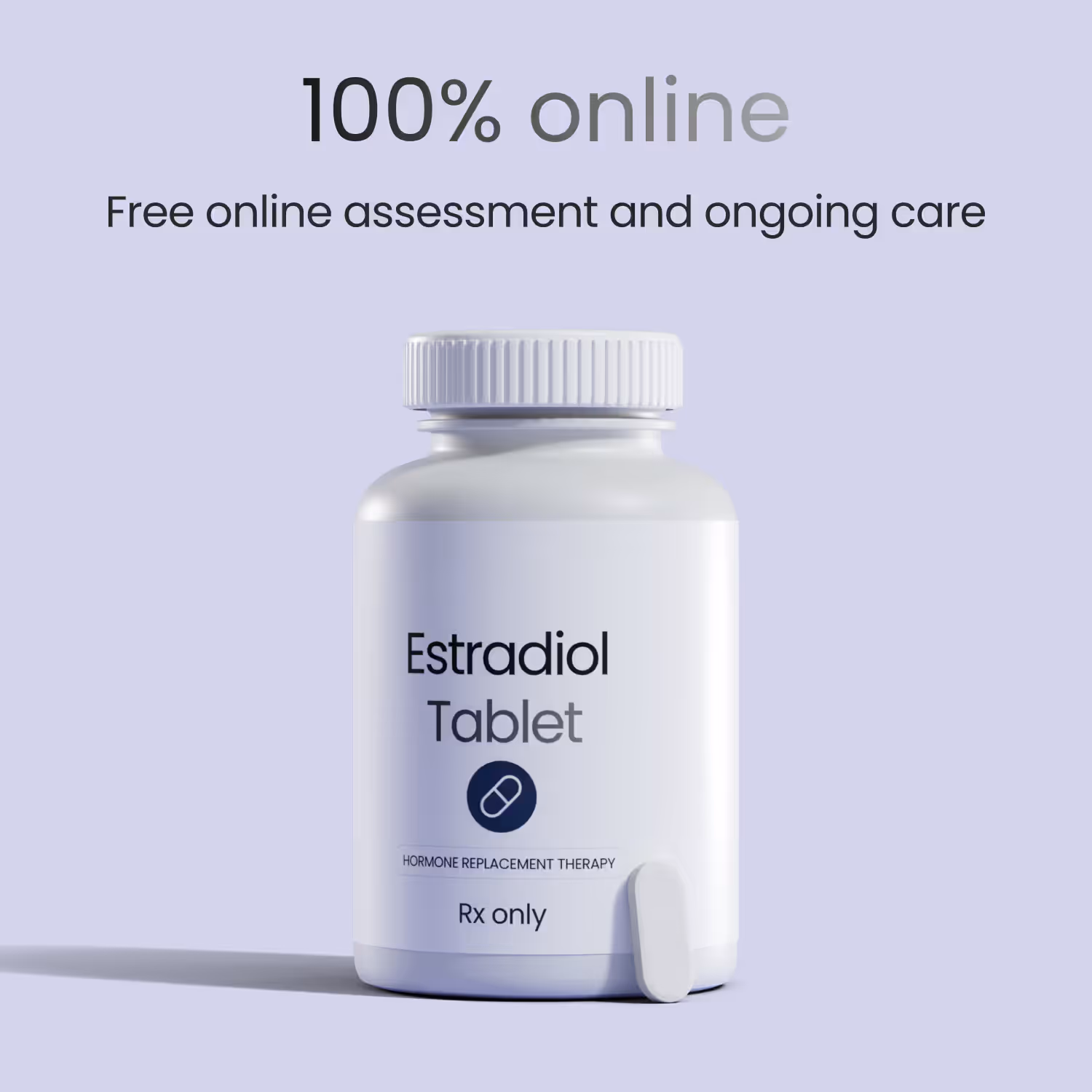 White capsule pill with 'ff.' printed on it under text reading '100% online Free online assessment and ongoing care' on a light purple background.