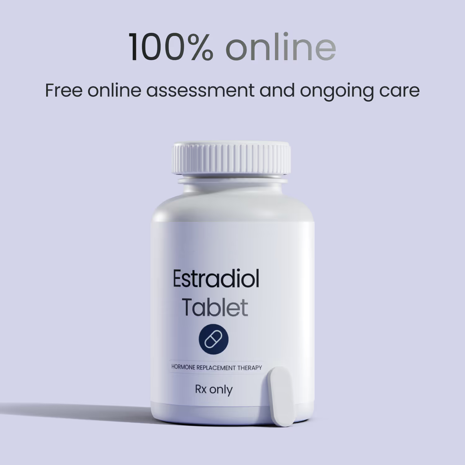 White capsule pill with 'ff.' printed on it under text reading '100% online Free online assessment and ongoing care' on a light purple background.
