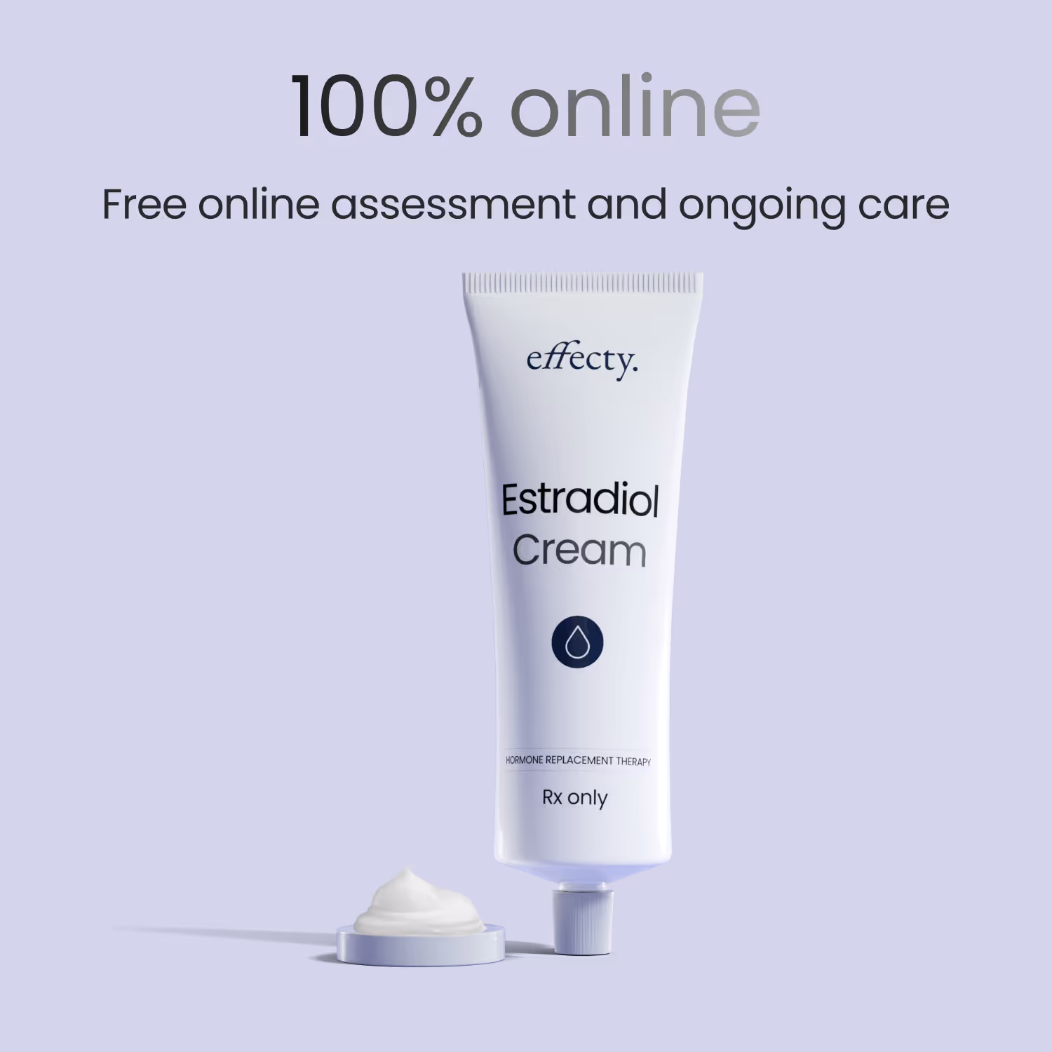 Two translucent smears of gel on a light purple background with text above stating 100% online free online assessment and ongoing care.