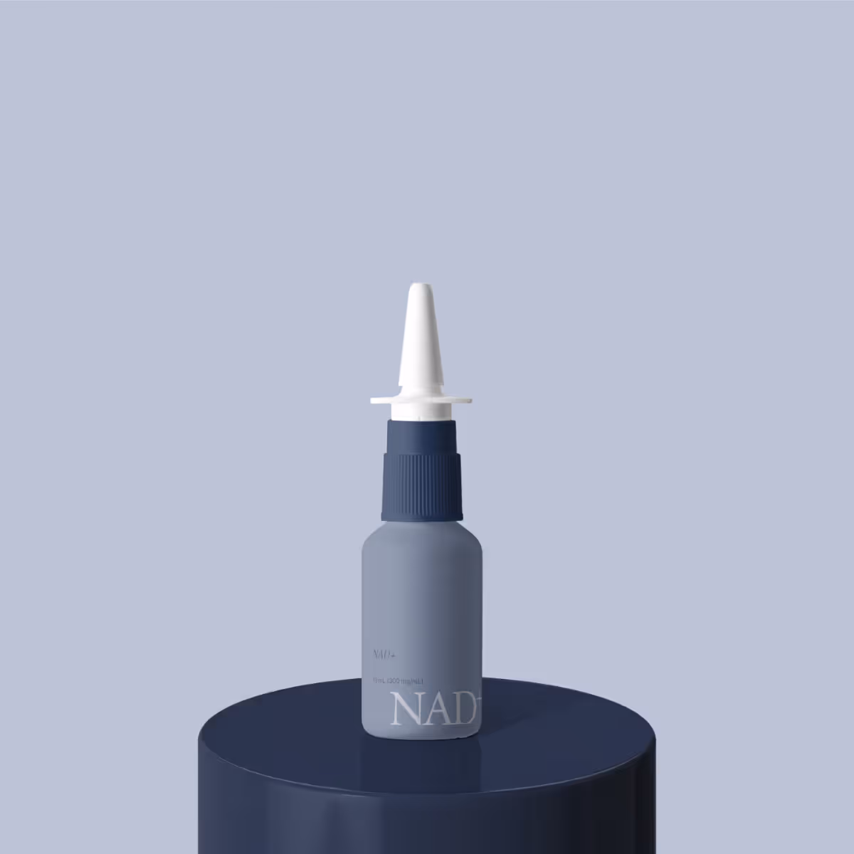 Blue nasal spray bottle labeled 'effecty' and 'NAD' on a dark blue pedestal against a light blue background.