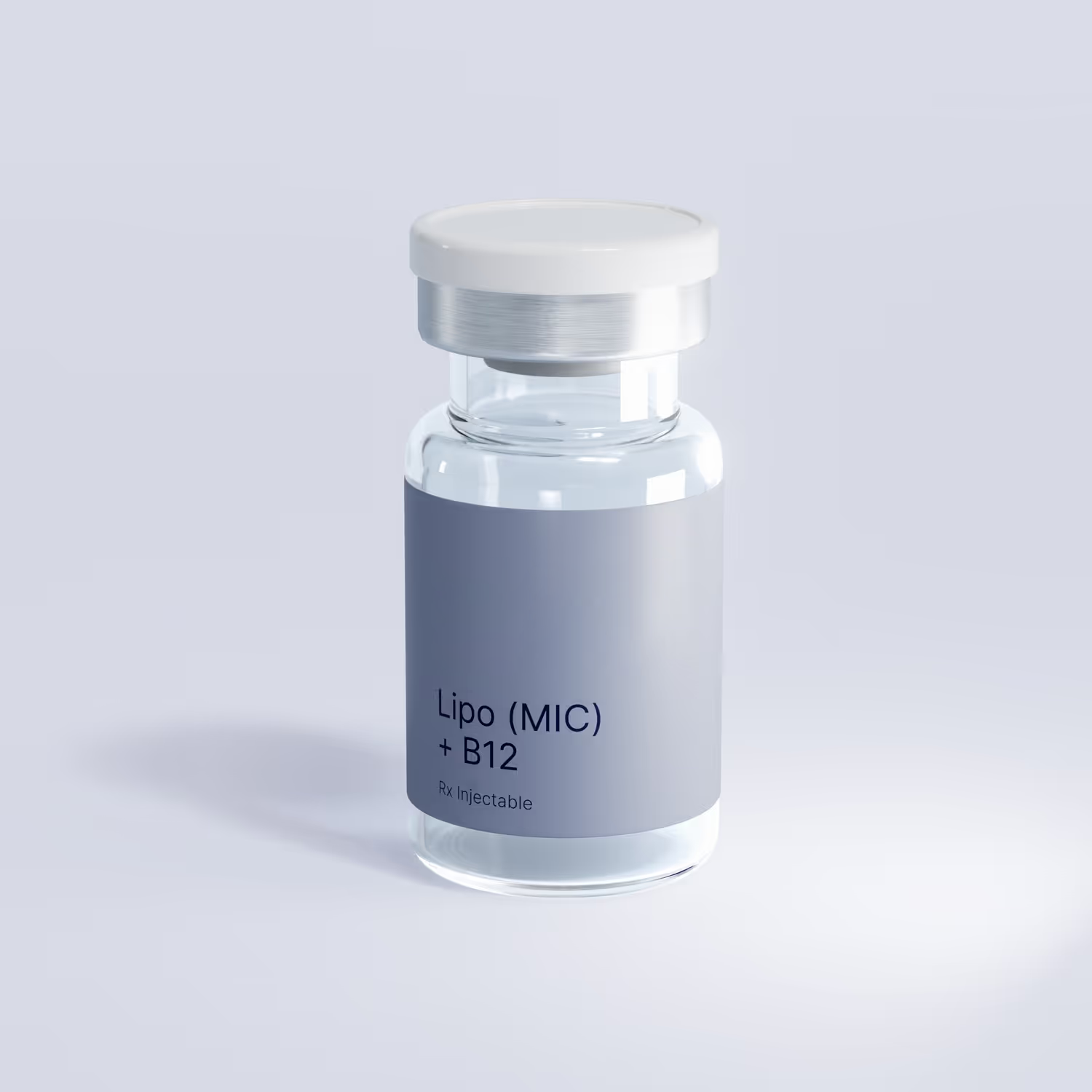 Clear glass vial with a white cap labeled 'effecty. Lipo (MIC) + B12 Rx Injectable' on a light background.