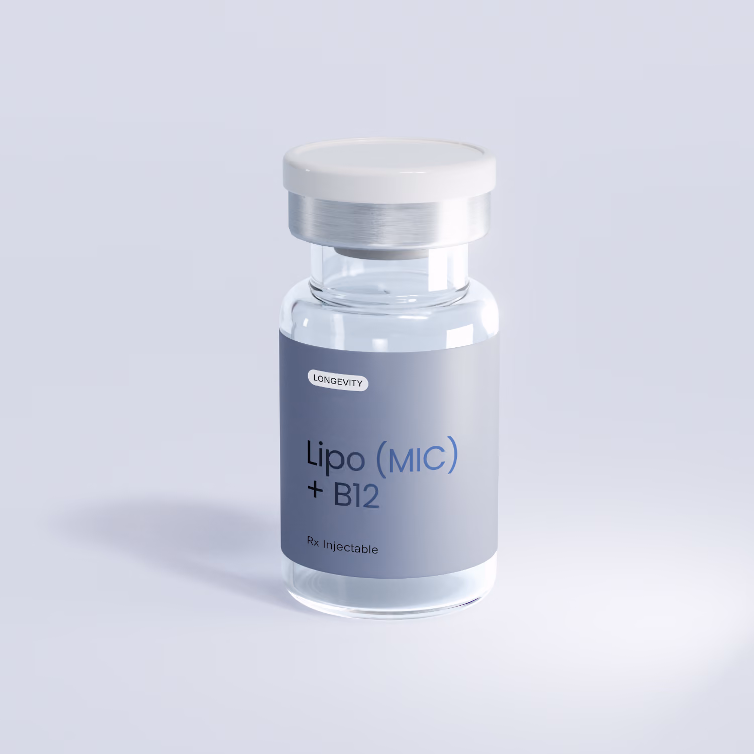 Clear glass vial with a white cap labeled 'effecty. Lipo (MIC) + B12 Rx Injectable' on a light background.