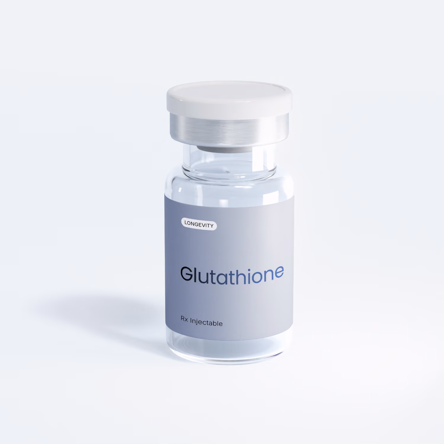 Small clear glass vial labeled 'effecty. Glutathione Rx Injectable' with a white cap.