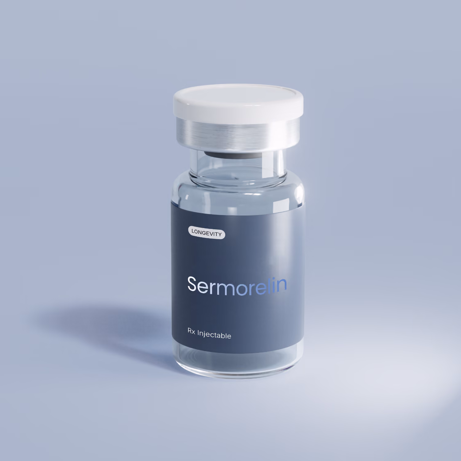 Clear glass vial with white cap labeled 'effecty Sermorelin Rx Injectable' on a light blue background.