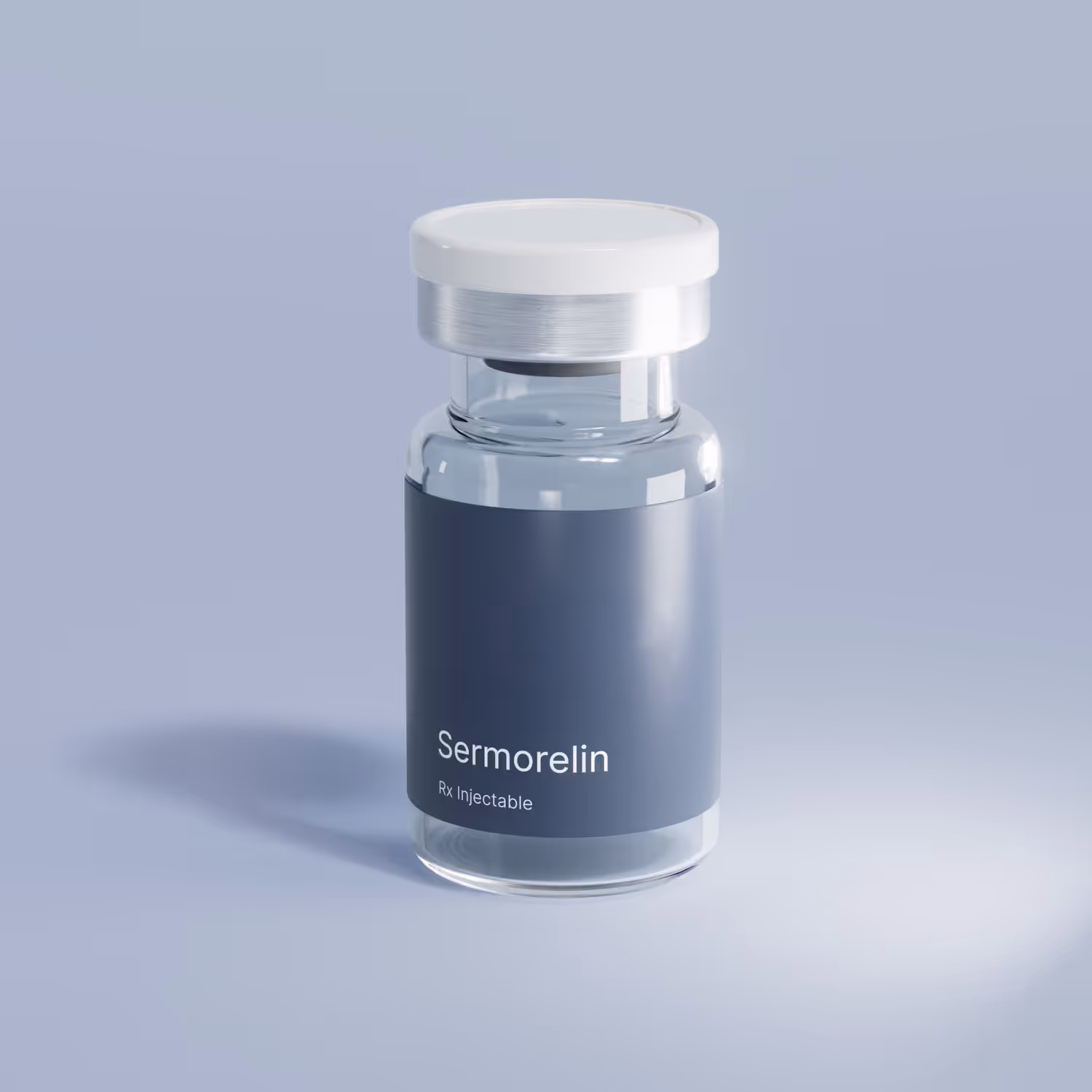 Clear glass vial with white cap labeled 'effecty Sermorelin Rx Injectable' on a light blue background.