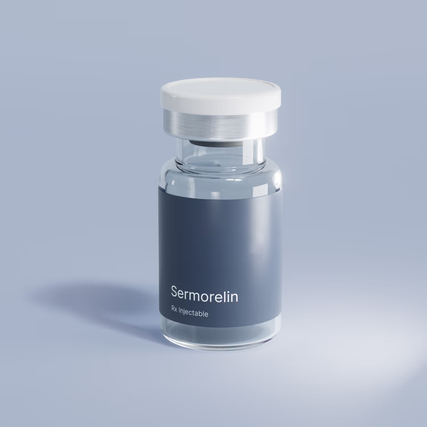 Clear glass vial with white cap labeled 'effecty Sermorelin Rx Injectable' on a light blue background.
