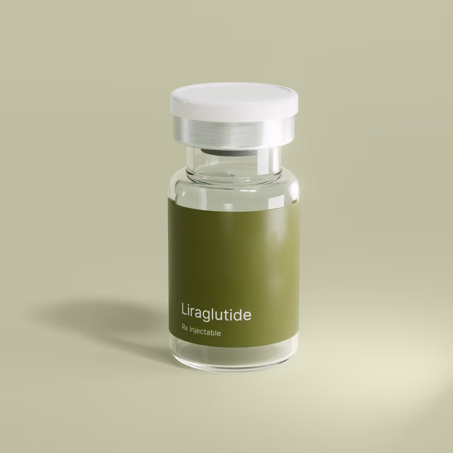 A small glass vial labeled 'effecty Liraglutide Rx Injectable' with a white cap on a pale green background.