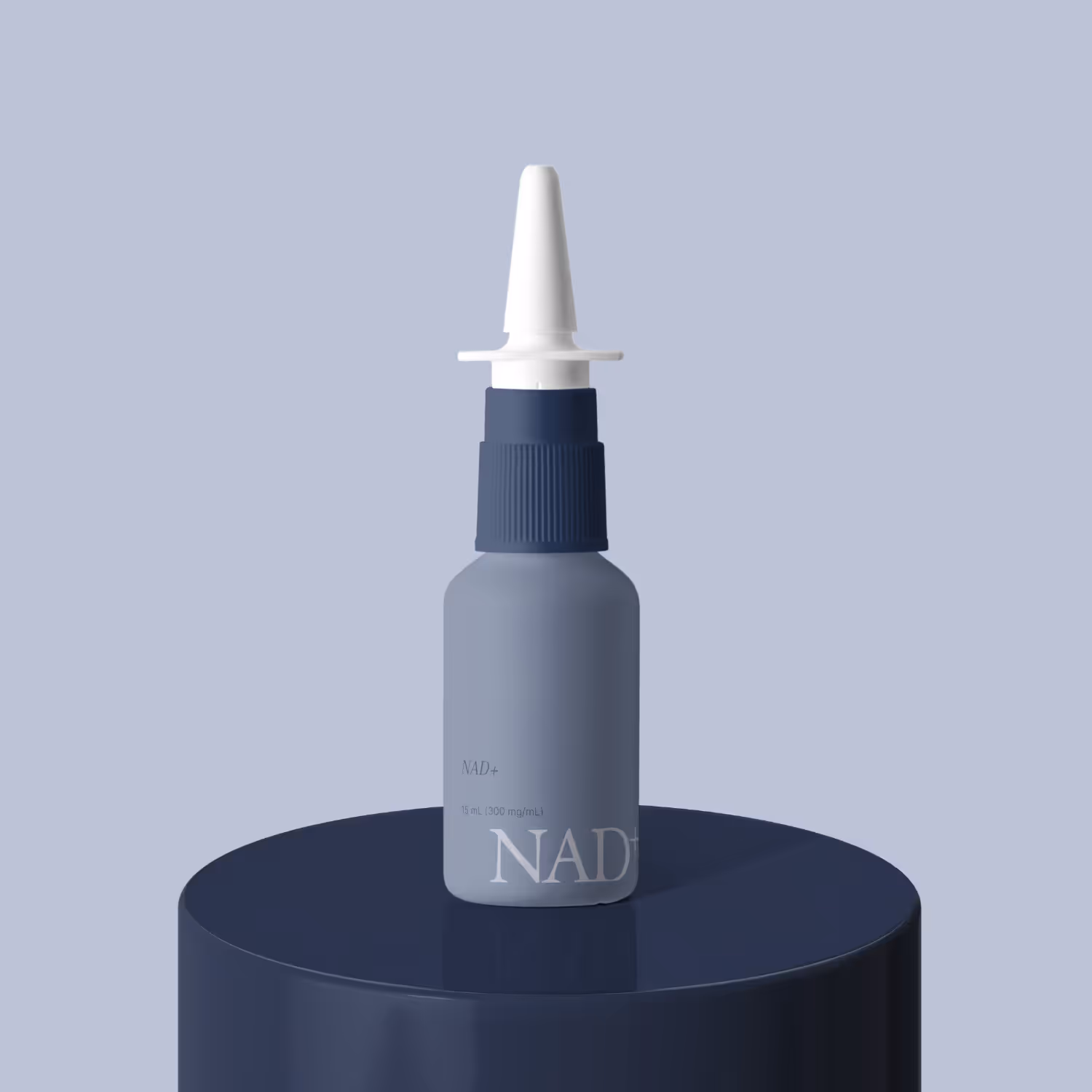 Effecty NAD+ nasal spray bottle with a white nozzle on a dark blue cylindrical pedestal.