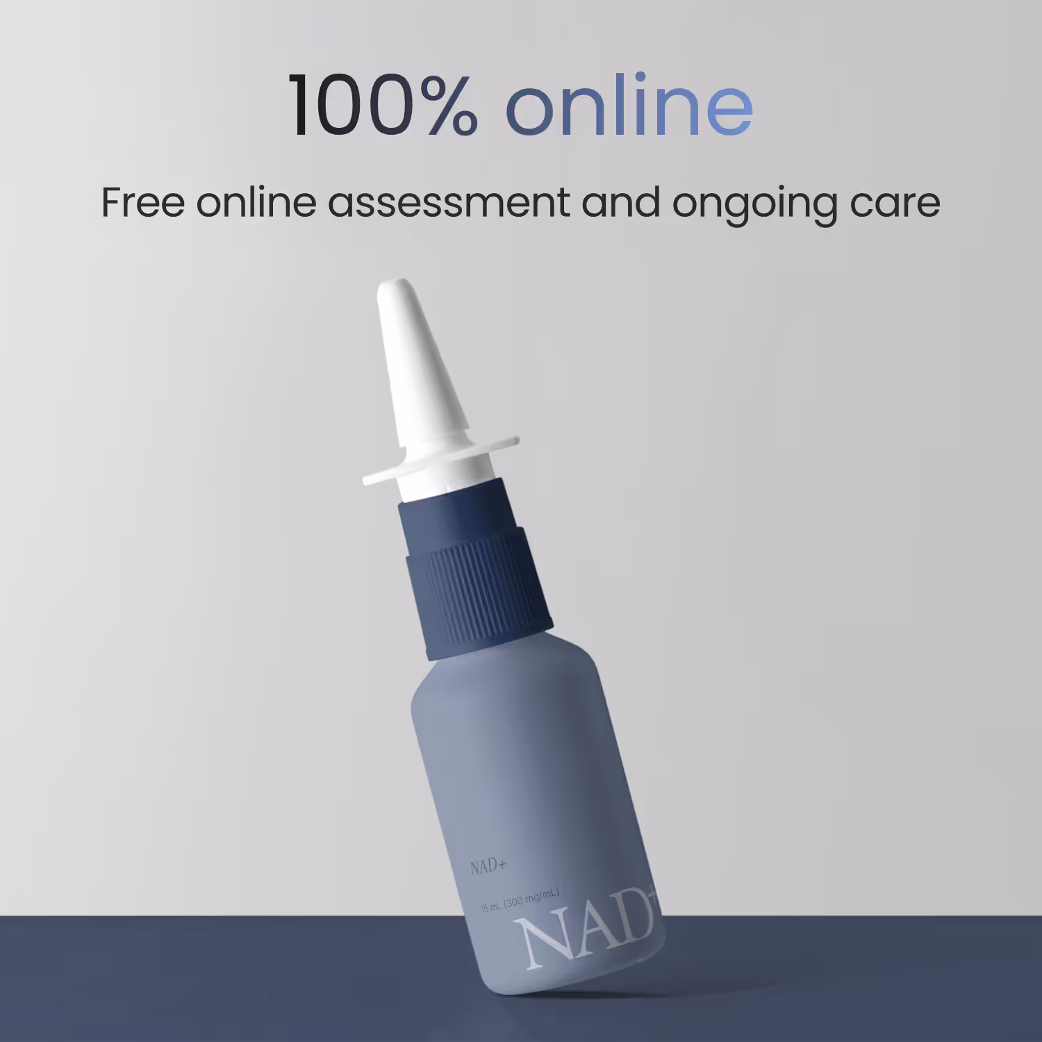 Blue and white nasal spray bottle labeled effecty NAD+ on a two-tone gray and blue background with text above reading 100% online free online assessment and ongoing care.