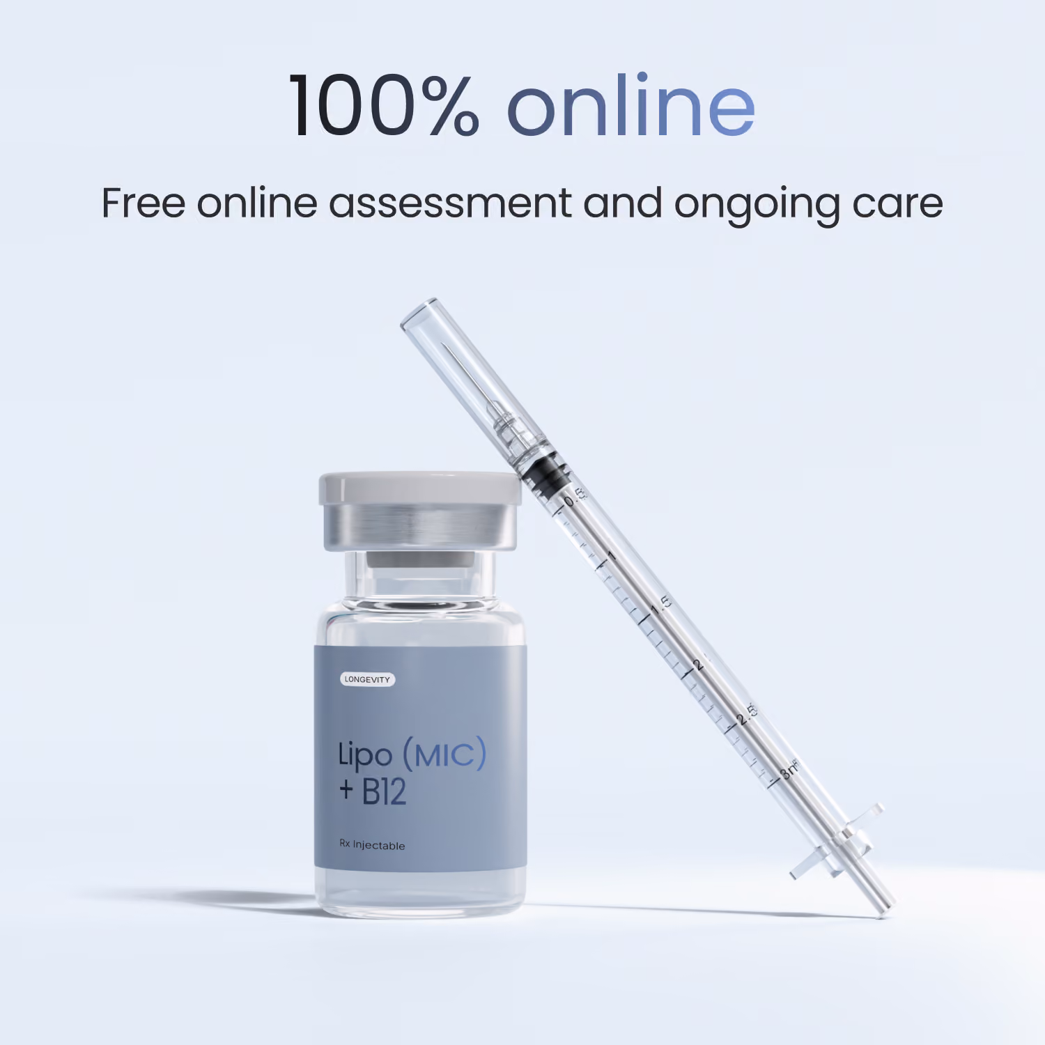 Glass vial labeled 'effecty Lipo (MIC) + B12 Rx Injectable' next to a clear syringe on a light background with text reading '100% online Free online assessment and ongoing care'.