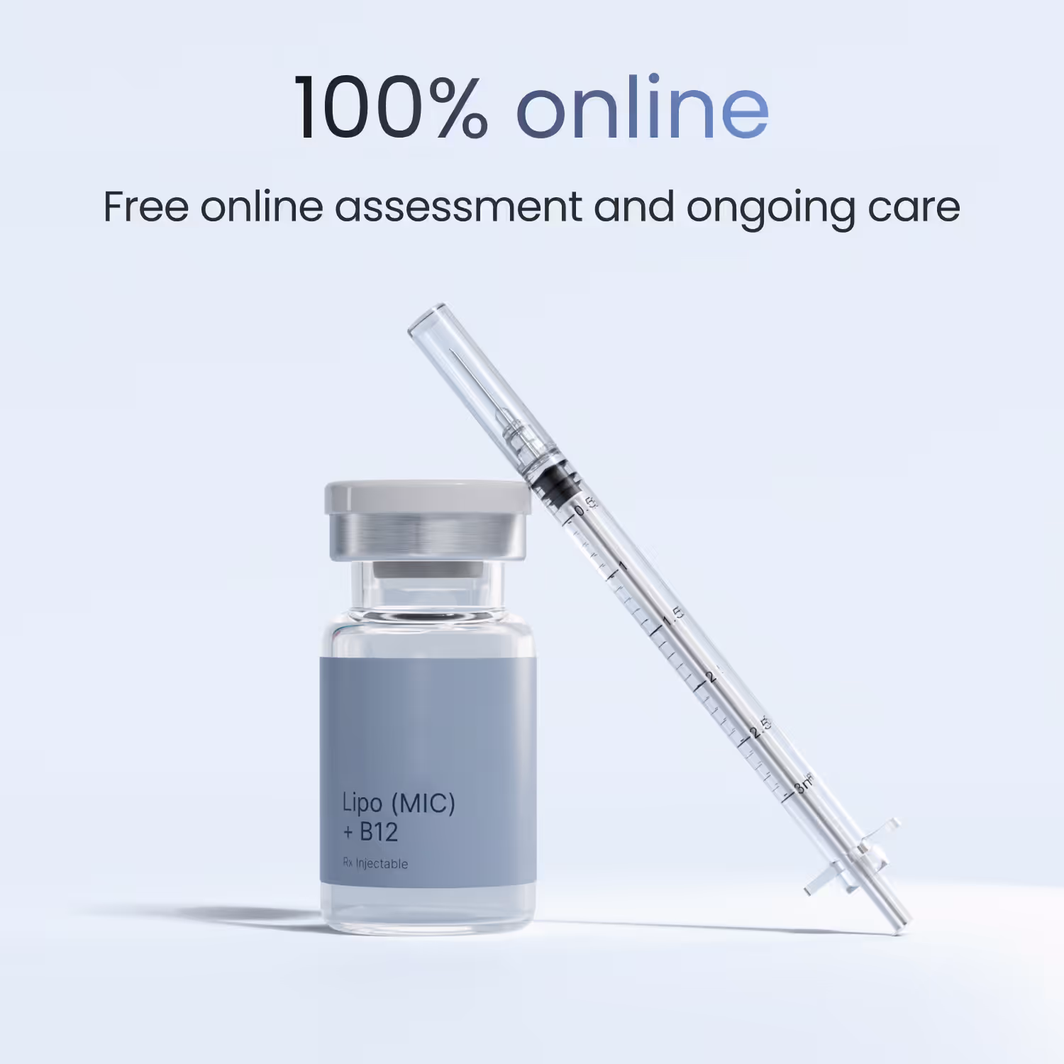 Glass vial labeled 'effecty Lipo (MIC) + B12 Rx Injectable' next to a clear syringe on a light background with text reading '100% online Free online assessment and ongoing care'.