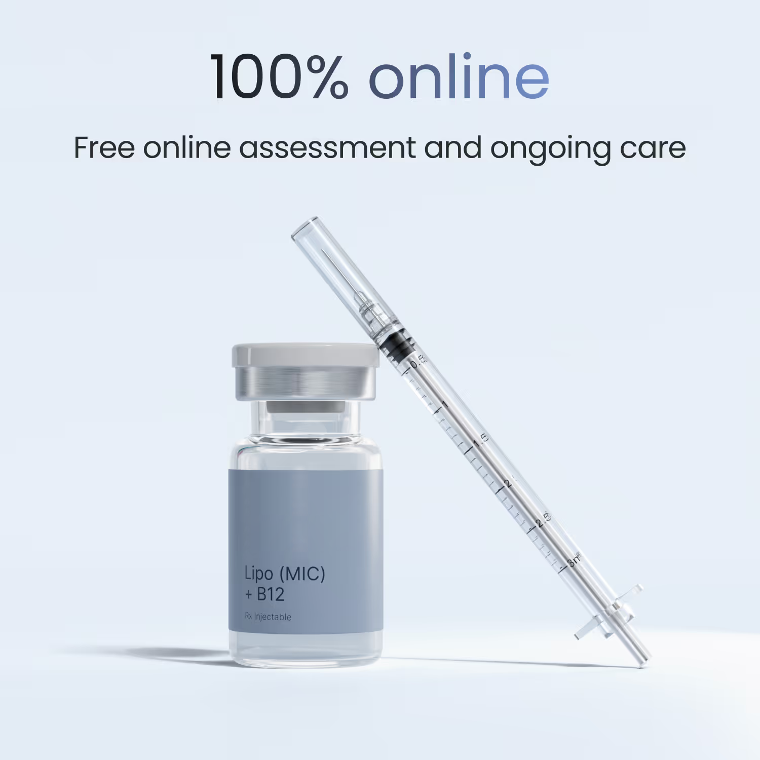 Glass vial labeled 'effecty Lipo (MIC) + B12 Rx Injectable' next to a clear syringe on a light background with text reading '100% online Free online assessment and ongoing care'.