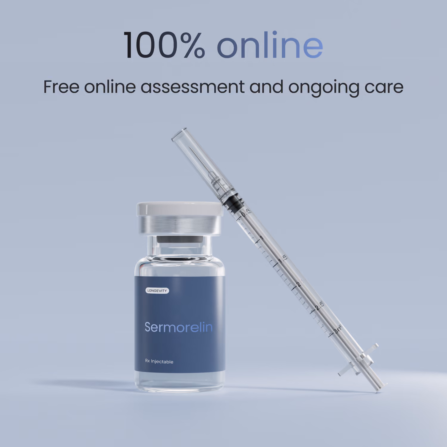 Bottle of Sermorelin Rx Injectable from Effecty with a syringe next to it on a light blue background, text above reads 100% online with free online assessment and ongoing care.