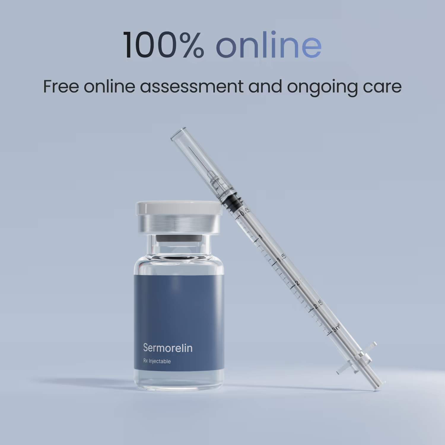 Bottle of Sermorelin Rx Injectable from Effecty with a syringe next to it on a light blue background, text above reads 100% online with free online assessment and ongoing care.