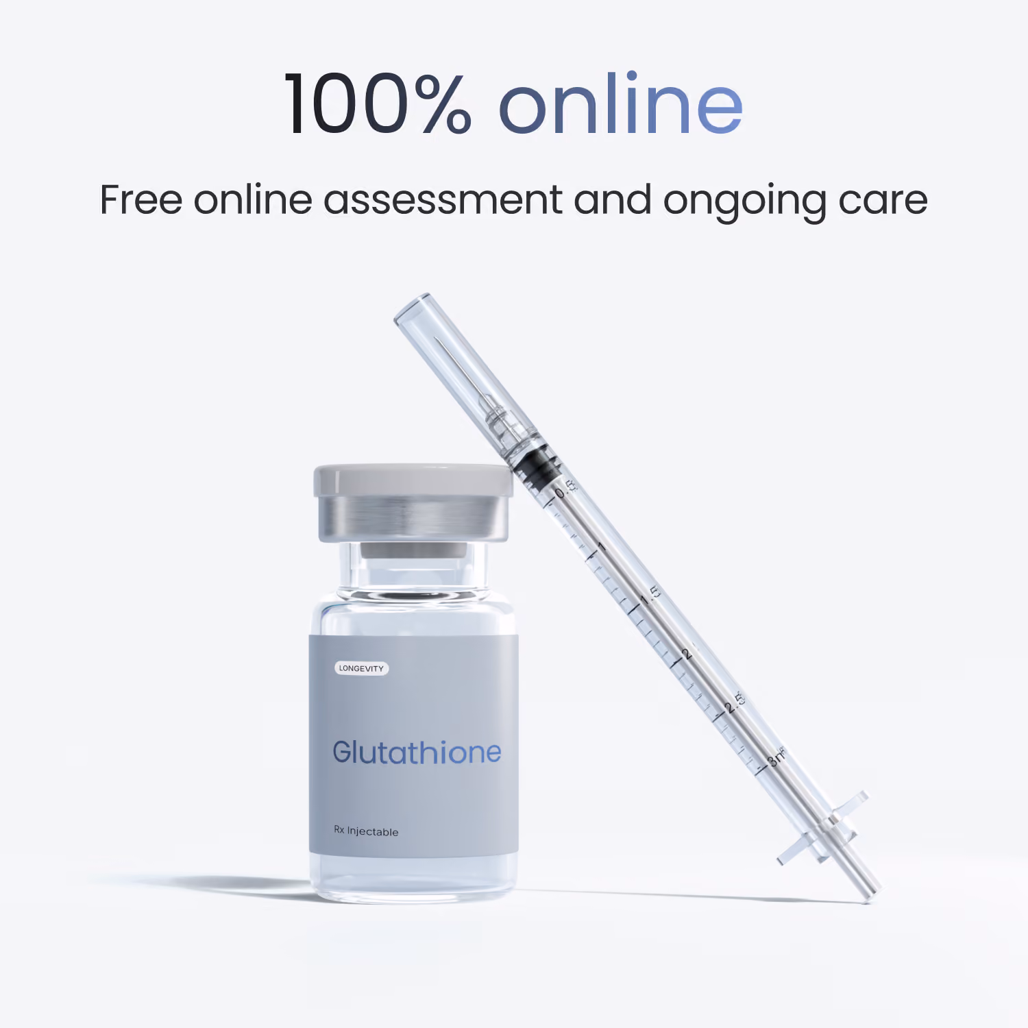 Clear vial labeled 'effecty. Glutathione Rx Injectable' next to a capped syringe on a white background with text '100% online Free online assessment and ongoing care' above.