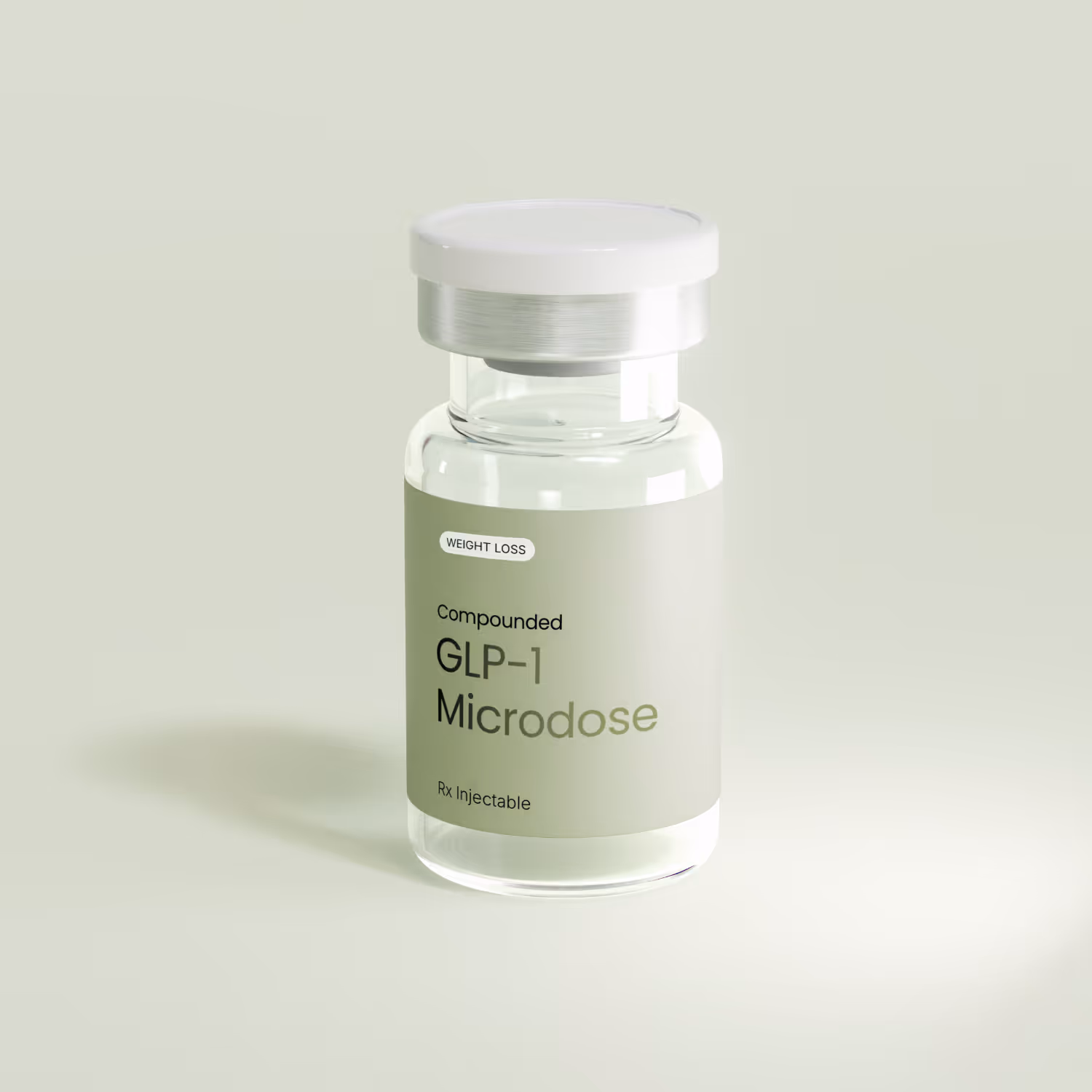 Clear glass vial with a white cap labeled 'effecty. GLP-1 Microdose Rx Injectable' on a light background.