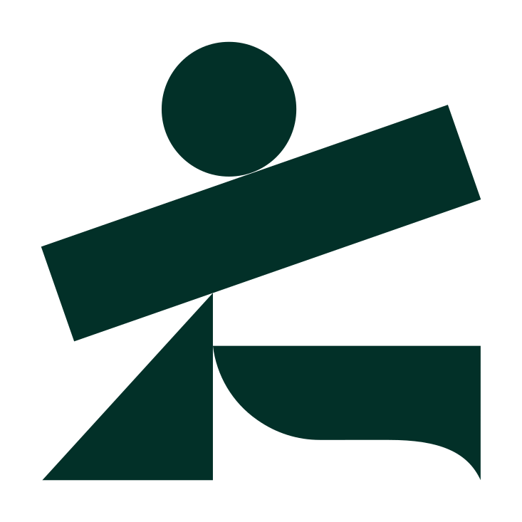 Abstract geometric figure composed of a circle, rectangle, and two triangles in dark green on a white background.