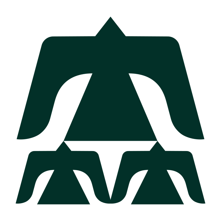 Abstract geometric logo with a central upward-pointing triangle and curved shapes forming an 'M' pattern.