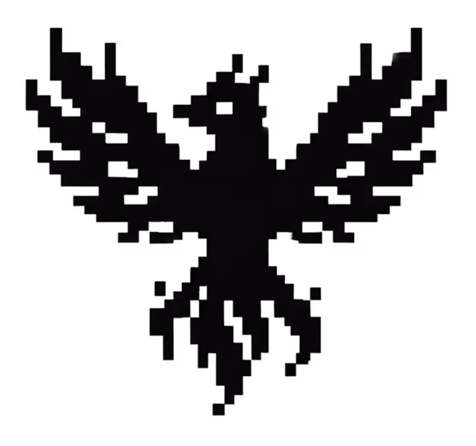 Black pixelated silhouette of a phoenix with outstretched wings on a transparent background.