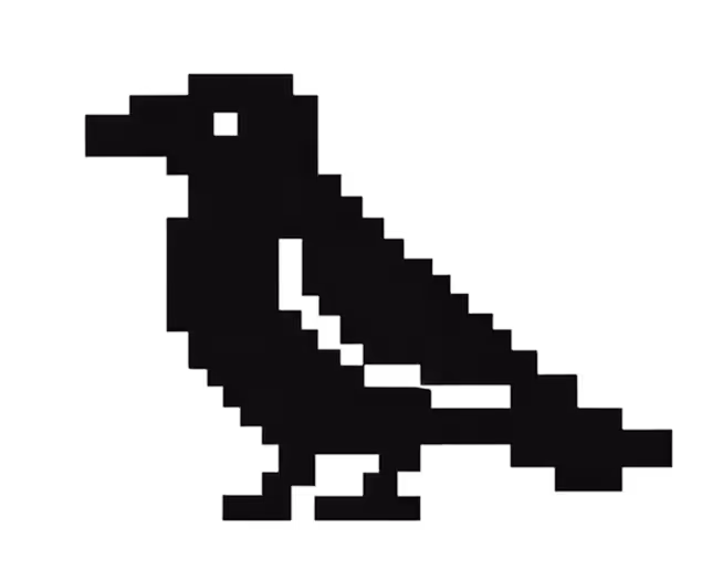 Pixel art style silhouette of a raven facing left.