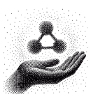 Hand holding a glowing molecular structure with connected nodes and particles floating around.