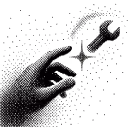 Black silhouette of a hand touching a trident symbol formed by particles on a black background.