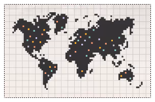 Pixelated world map with colorful dots scattered across North America, Europe, Asia, and Australia.
