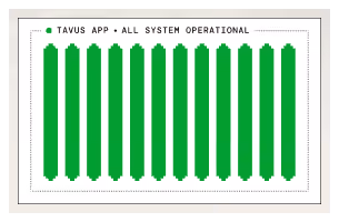 System status shows all green bars indicating the Tavus app is fully operational.