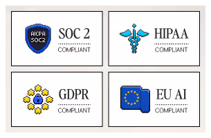 Four compliance badges for SOC 2, HIPAA, GDPR, and EU AI with respective logos in a 2x2 grid.