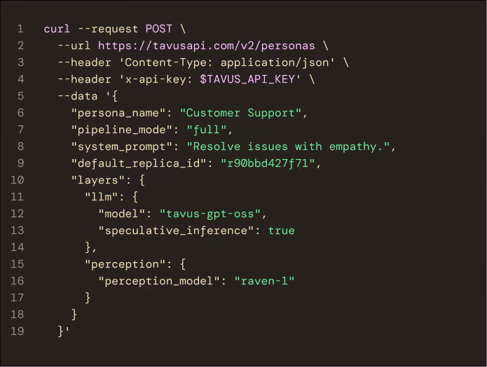 Curl POST request to tavusapi.com setting a Customer Support persona with empathy and GPT-OSS model.
