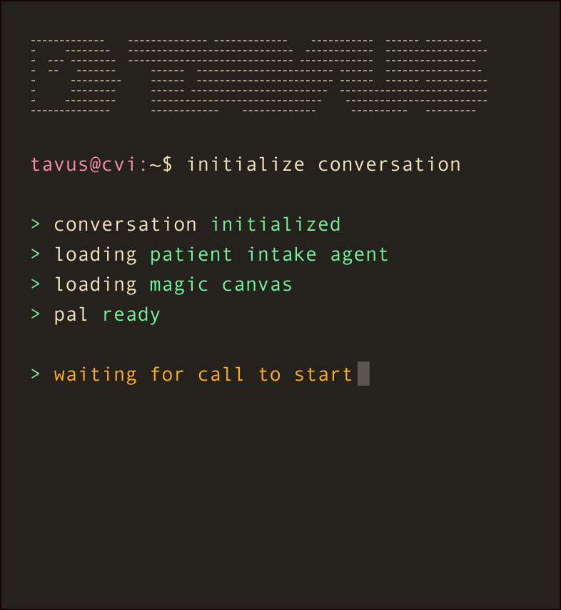 Terminal screen showing conversation initialization status with messages: initialized, ready, and waiting for call.