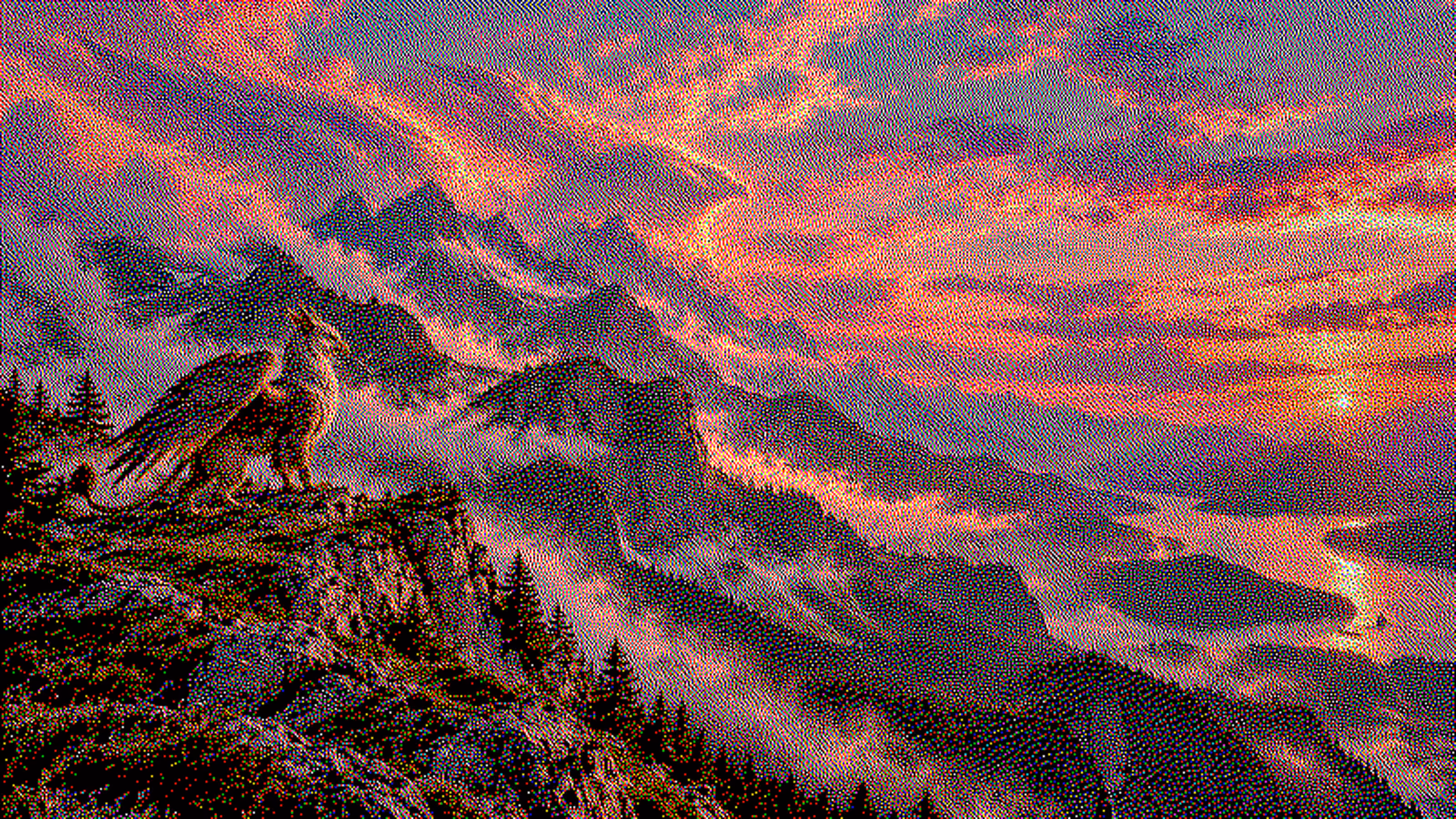 Illustration of a griffin perched on a mountain ledge overlooking clouds at sunset
