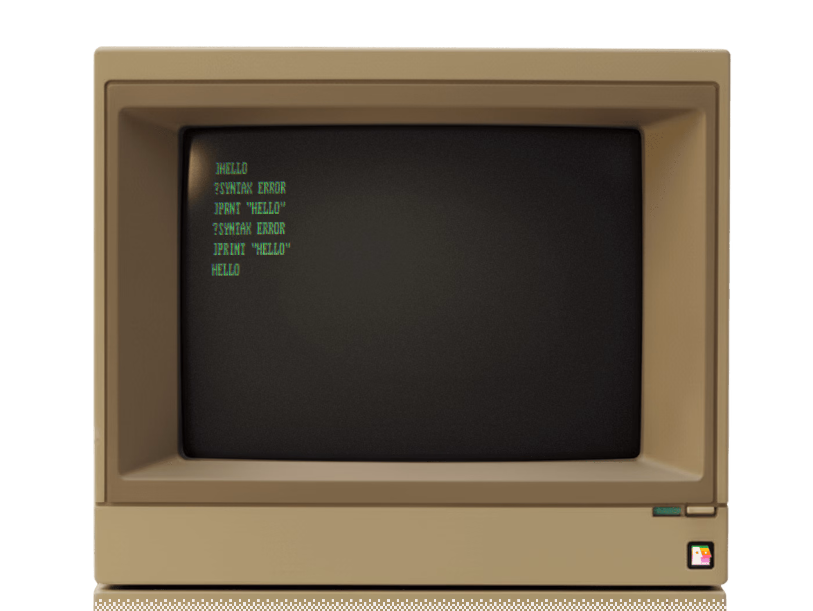Vintage beige computer monitor displaying green text terminal with lines showing attempts to print the word HELLO, including syntax errors on incorrect commands.