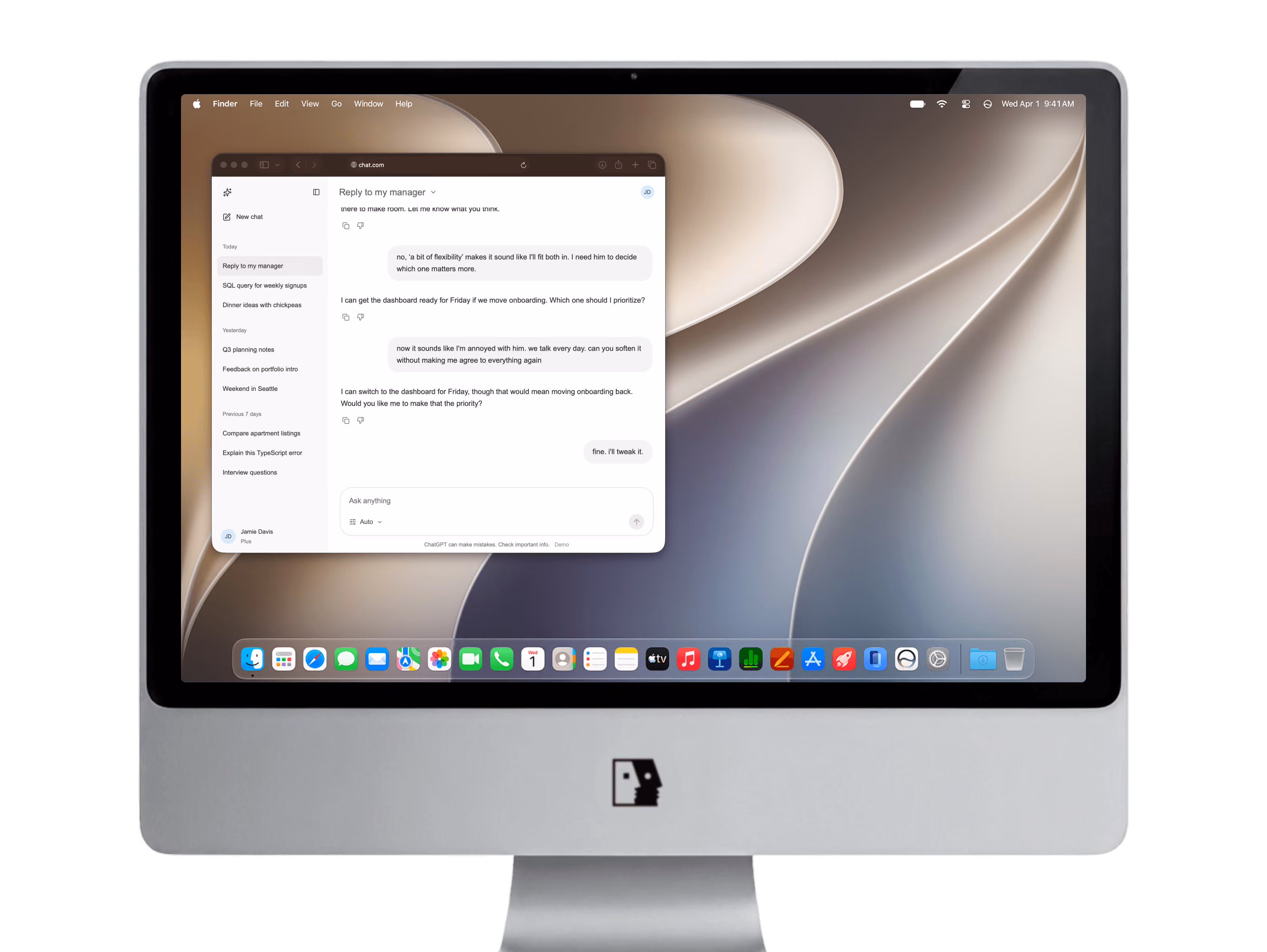 Desktop computer screen displaying an email conversation in a messaging app on a macOS interface with multiple app icons visible on the dock at the bottom.