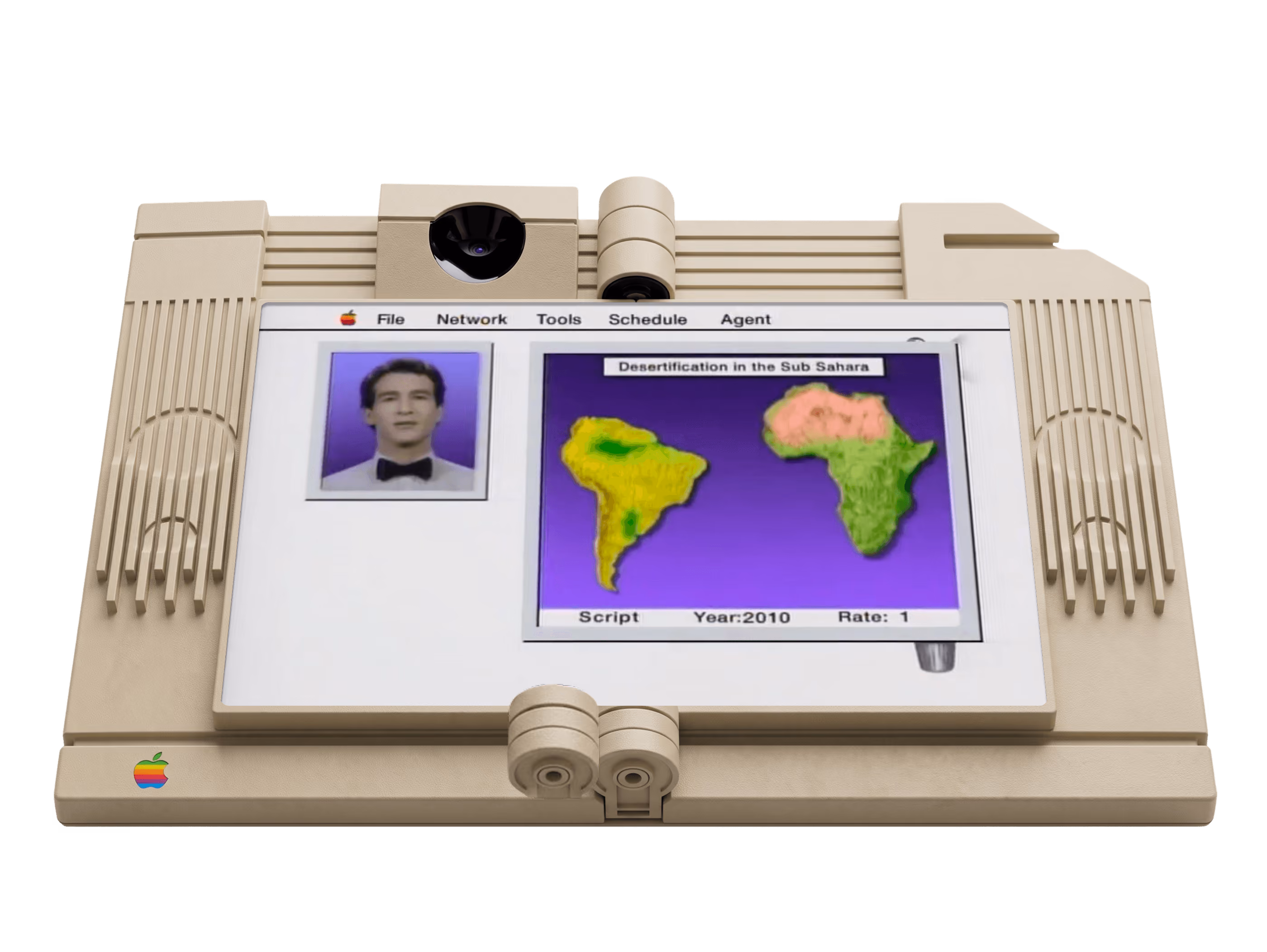 Vintage beige video phone with a small screen showing a man in a bow tie on the left and a map on the right illustrating desertification in the Sub Sahara region, labeled with year 2010 and rate 1.