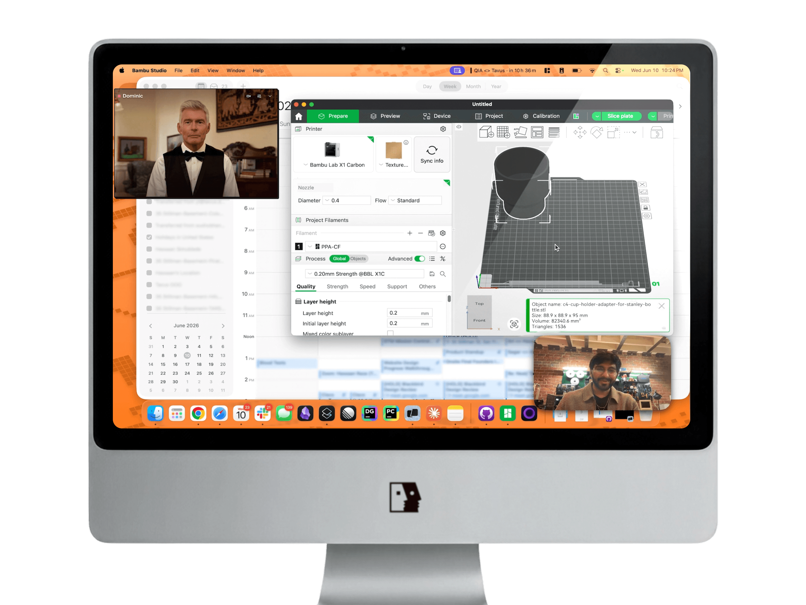 Computer screen showing a 3D printing software interface with a cylindrical object model in the build area, a menu on the left with printer and filament settings, and two video call windows featuring a man in a tuxedo labeled Dominic and another man with a beard in a casual setting, with a blurred calendar and scheduled events in the background.