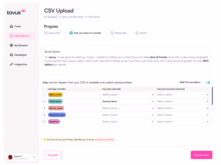 Tavus CSV upload