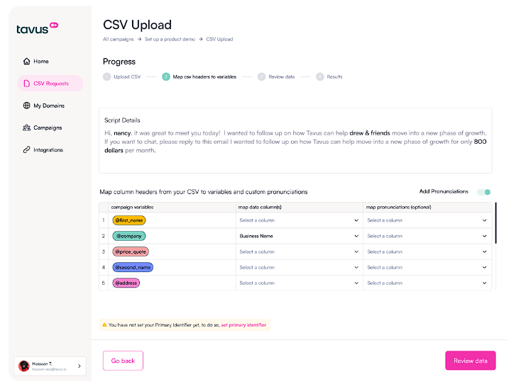 Tavus CSV upload