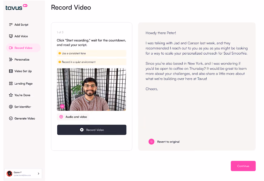 Recording a template video with Tavus