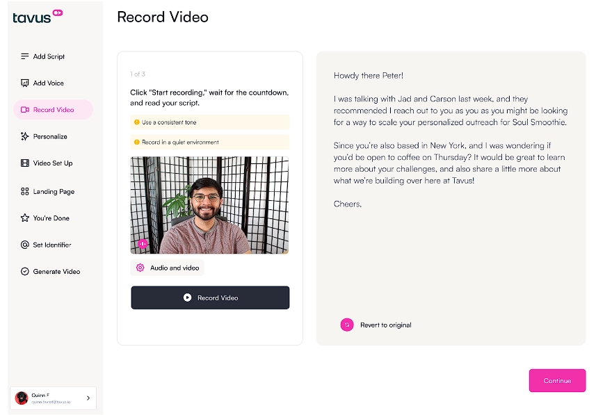 Recording a template video with Tavus