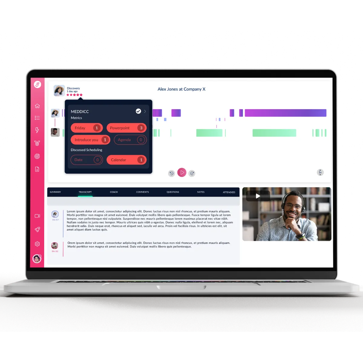 Jiminny platform screenshot featuring the Automated Call Scoring section of a call playback.