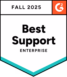 G2 Fall 2025 Best Support Enterprise award badge with teal and black accents.