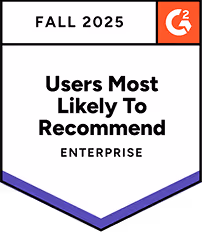 Badge indicating Fall 2025 Users Most Likely To Recommend Enterprise by G2.
