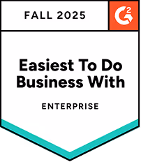 G2 badge for Fall 2025 reading 'Easiest To Do Business With - Enterprise'.