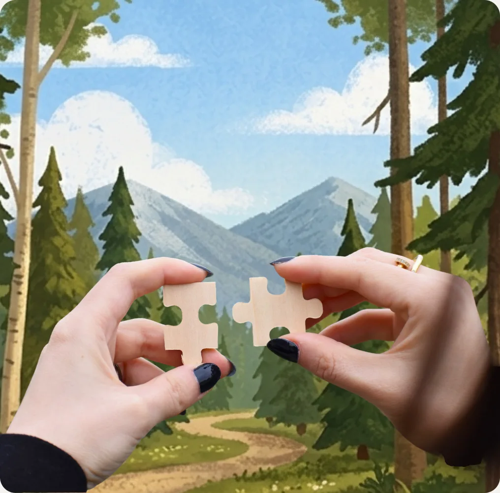 Two hands fitting puzzle pieces together against a forest backdrop